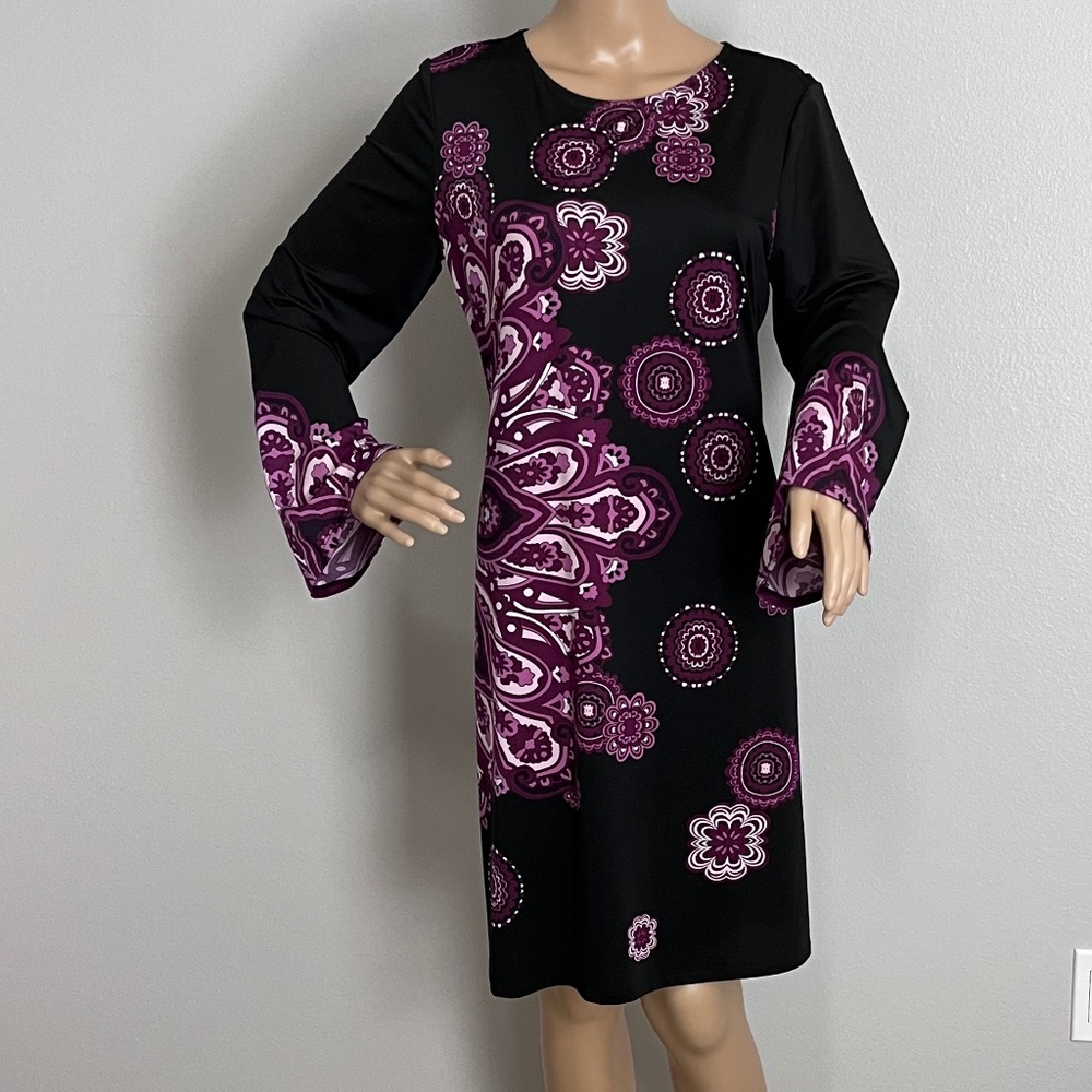INC International Concepts Bell Sleeve Floral Women’s Dress Purple/Black size L